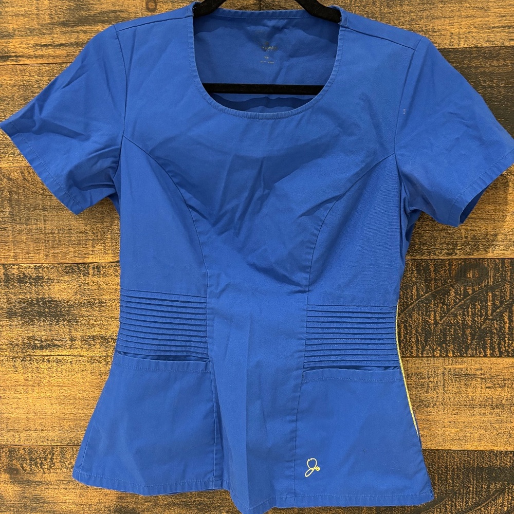 XS Jaanuu Royal Blue Scrub Top with Gold Zipper Detail